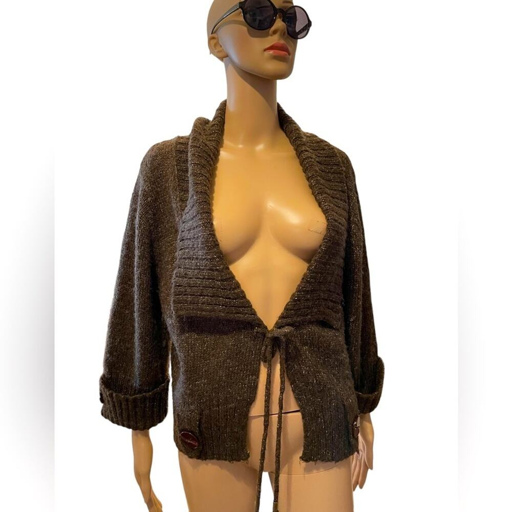 Alberto Makali Cardigan Womens M Brown Wool Boho Knit Sweater Collar Tie Front - Picture 3 of 11